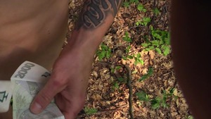 Tatted-up fellow pulls down his jeans and nails outdoors