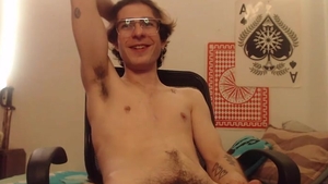 Skinny chap With Glasses stroking His dick